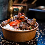 A bowl of meat and rice at Sheffield Plate.