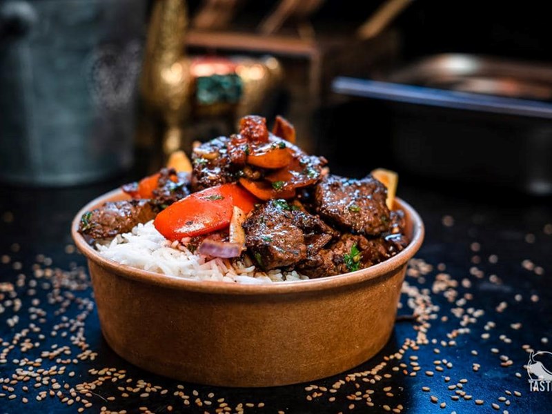 A bowl of meat and rice at Sheffield Plate.