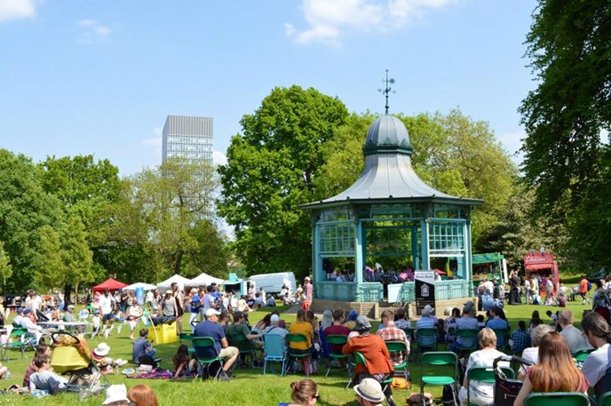 crowds enjoying live music on the bandstand at Weston Park May Fayre