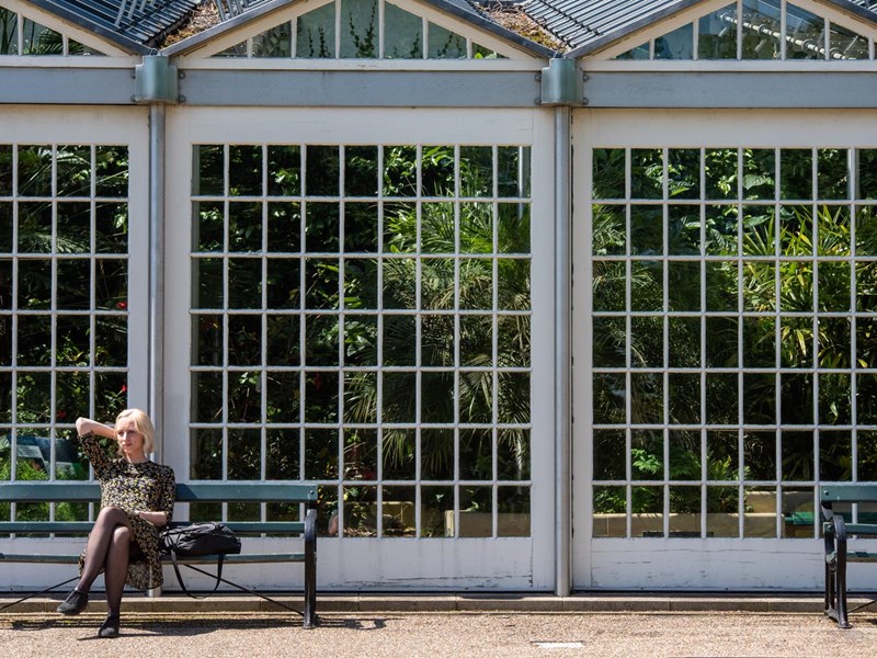A person sat on a bench outside the Glass House at Sheffield Botanical Gardens.