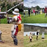 A collage of pictures of people in medieval clothing engaged in re-enactments. 