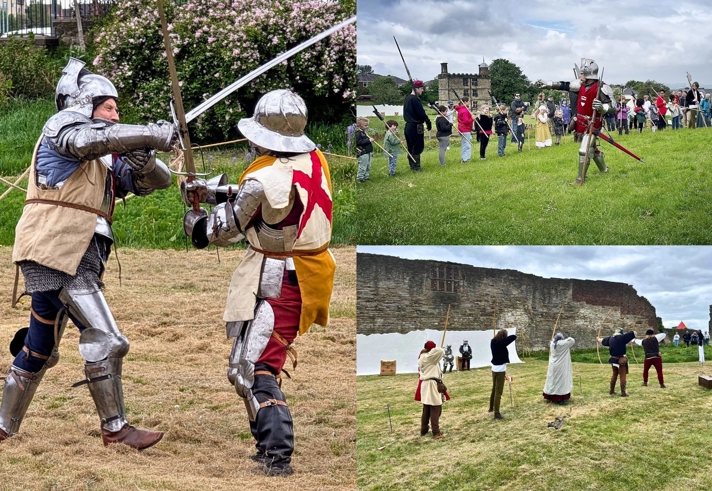 A collage of pictures of people in medieval clothing engaged in re-enactments. 