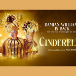 Poster for the event featuring Damian Williams dressed as a panto dame, in a sparkling gold number with a magnificent feathered hat. 