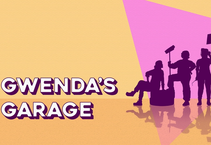 There is a purple silhouette of people on the right who are standing with props. Text reads: Gwenda's Garage