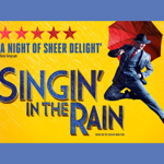 A promo for Singin' in the Rain with the classic image of a man dancing with an umbrella.