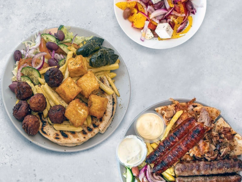 Three dishes from Olive Greek Food.