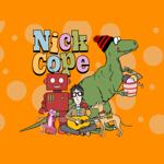 Promo image for the show that features a cartoon of a man sitting on the floor playing guitar, surrounded by a robot, a dinosaur eating ice cream, a lizard and a dog.