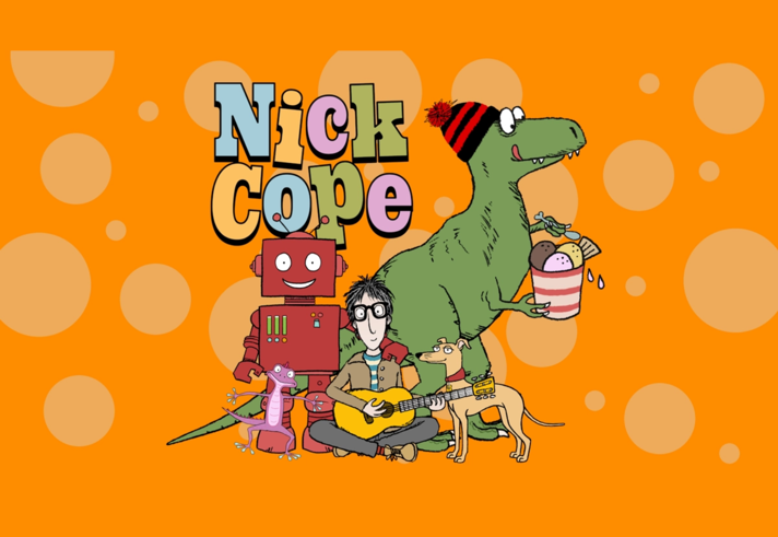Promo image for the show that features a cartoon of a man sitting on the floor playing guitar, surrounded by a robot, a dinosaur eating ice cream, a lizard and a dog.