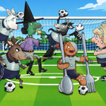 A cartoon illustration of various fairy tale characters playing football.