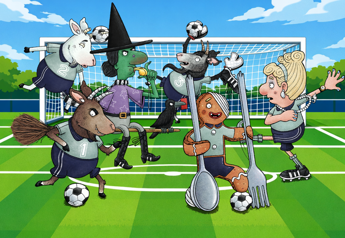 A cartoon illustration of various fairy tale characters playing football.