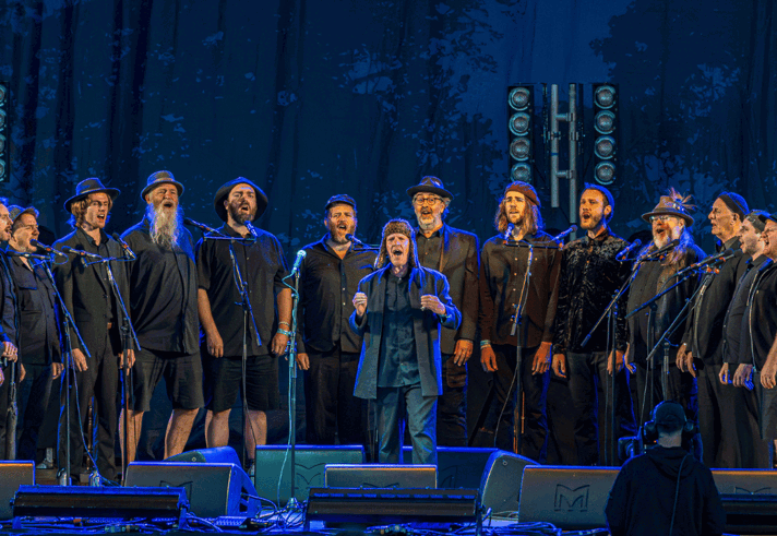 Fifteen men, standing on a stage in a semicircle, performing songs.