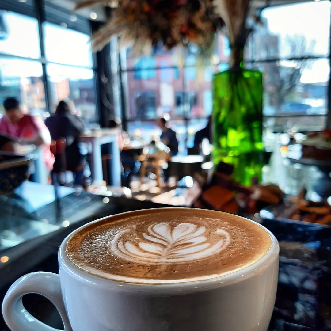 Close-up of a cappuccino at The Grind Café.