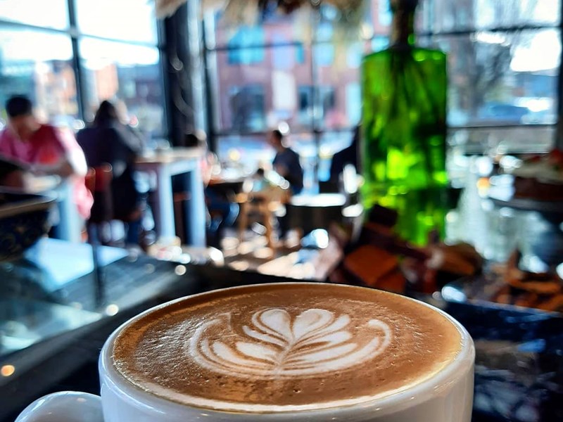 Close-up of a cappuccino at The Grind Café.
