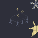 Hand-drawn illustrations of an ottoman and stars, in gold, on a black background.