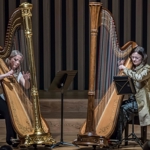 Two people playing harps on a stage.
