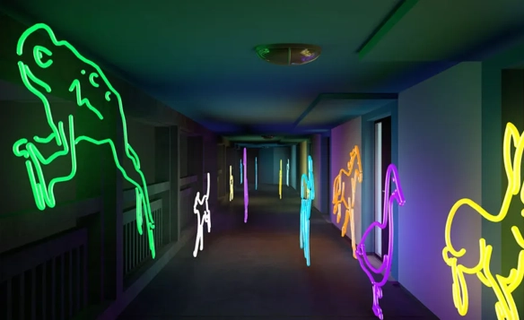 A corridor with various animals picked out in neon lights on the walls, including a frog, a rabbit and a duck.
