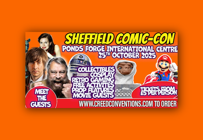 Promo image for the event with pictures of Brian Blessed, R2 D2, ET, Super Mario and Dr Who.