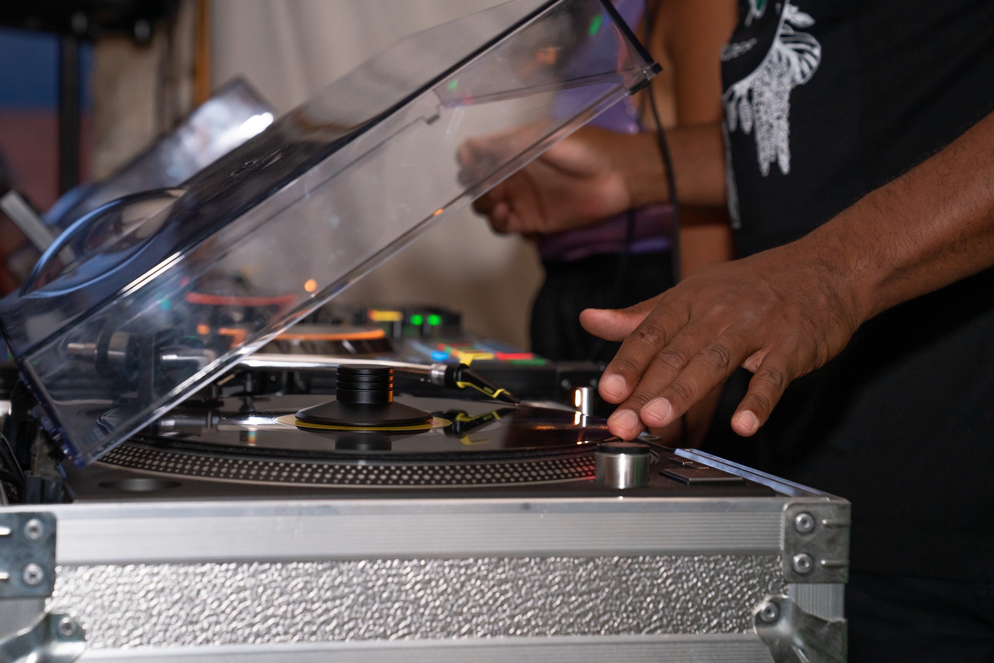 A DJ plays music.