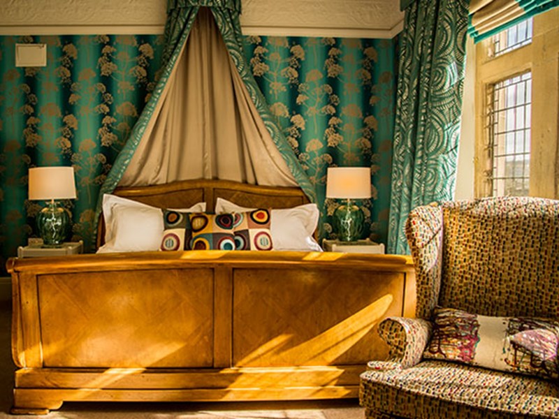 A bedroom at Fischer’s Baslow Hall, an award-winning, stylish, boutique country house hotel and restaurant.