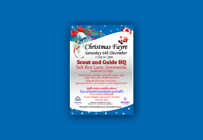 Poster for a Christmas Fayre on 6 December from 11am to 3pm at Scout & Guide HQ. The poster features festive graphics including bells, holly, and candy canes, and lists activities such as stalls, tombola, lucky dip, games, gifts, cakes, mince pies, and burgers. It mentions a visit from Santa with pre-booking required, raffle tickets available online, and prizes including £100 cash, festive hampers, and restaurant vouchers. Logos for Girlguiding and Scouts are shown at the bottom.