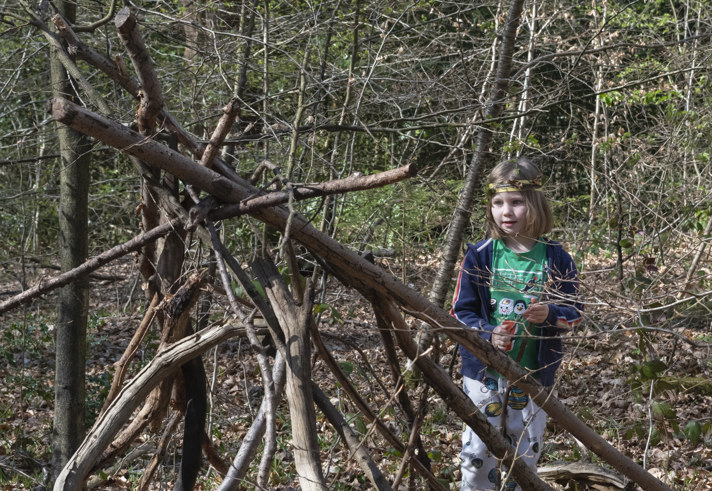 A child building a camp in the woods from sticks and fallen branches.