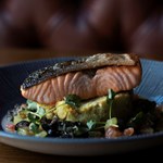 A dish of cooked salmon.