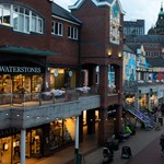 The exterior of Waterstones at dusk.