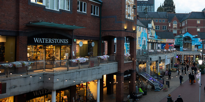 The exterior of Waterstones at dusk.