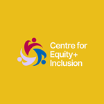 The logo for the Centre For Equity And Inclusion on a yellow background. The logo features the words 'Centre For Equity And Inclusion'  and a depiction of three abstract figures in a circle.