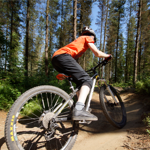 People mountain biking in the countryside.