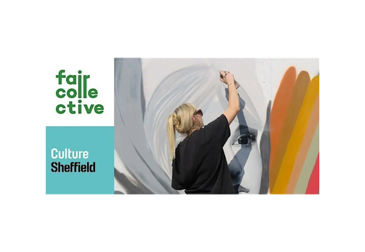 A person with light hair tied back is spray-painting a large mural featuring a monochrome face with detailed eyes. Bright orange, yellow, and red curved shapes appear on the right side of the artwork. On the left, a teal panel displays the words “fair collective” in green and “Culture Sheffield” in white and black. The scene suggests an outdoor art project or cultural event.