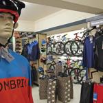 A mannequin wearing cycling clothing inside the showroom at JE James Cycles Sheffield.