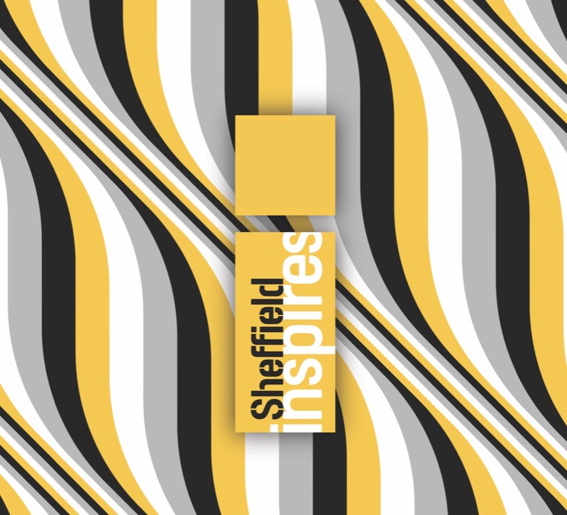 A piece of Rob Lee artwork sits behind the Sheffield Inspires logo, which is a large yellow letter i with the words 'Sheffield Inspires' written inside the body of the letter.