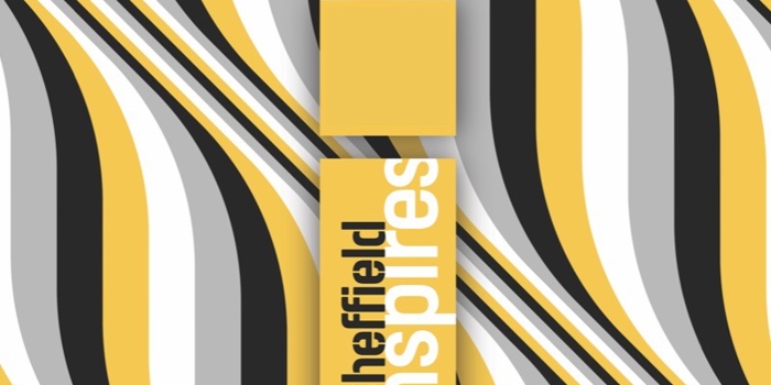 A piece of Rob Lee artwork sits behind the Sheffield Inspires logo, which is a large yellow letter i with the words 'Sheffield Inspires' written inside the body of the letter.