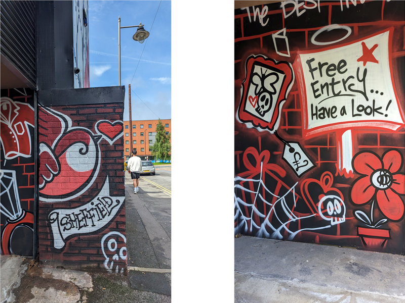 Murals in a 50s style on the outside of the Red Brick Market.