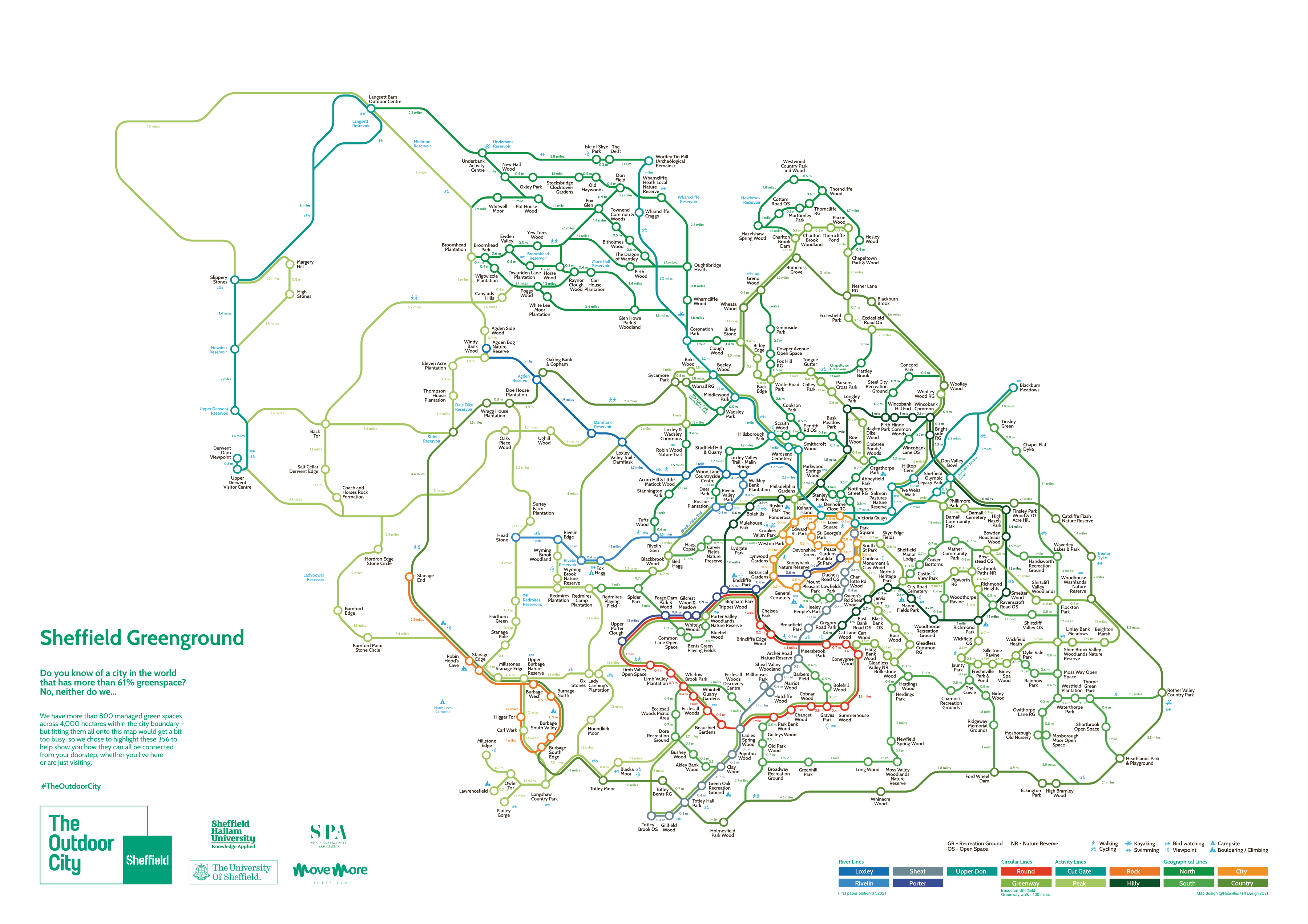 A detailed map titled “Sheffield Greenground” showing interconnected walking and cycling routes across Sheffield and surrounding areas. The map is styled like a transit diagram, with colored lines representing different route types such as parks, trails, and green spaces. Key locations, neighborhoods, and landmarks are labeled throughout the map. A legend at the bottom indicates route categories in various colours, and branding for The Outdoor City and partners appears in the lower-left corner.