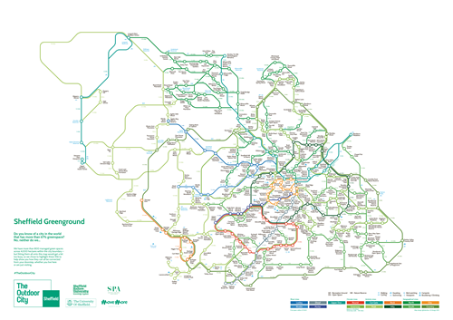 A detailed map titled “Sheffield Greenground” showing interconnected walking and cycling routes across Sheffield and surrounding areas. The map is styled like a transit diagram, with colored lines representing different route types such as parks, trails, and green spaces. Key locations, neighborhoods, and landmarks are labeled throughout the map. A legend at the bottom indicates route categories in various colors, and branding for The Outdoor City and partners appears in the lower-left corner.