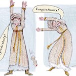 Four-panel illustration of a person in a long patterned robe joyfully stretching in different directions. Speech bubbles read: “This exquisite weather is too good! I enjoy it all over me, from top to toe, from right to left,” then “Perpendicularly!,” “Longitudinally!,” and “Diagonally! Nice, unwholesome, unseasonable, relaxing, close, muggy weather!” Papers lie scattered on the floor.
