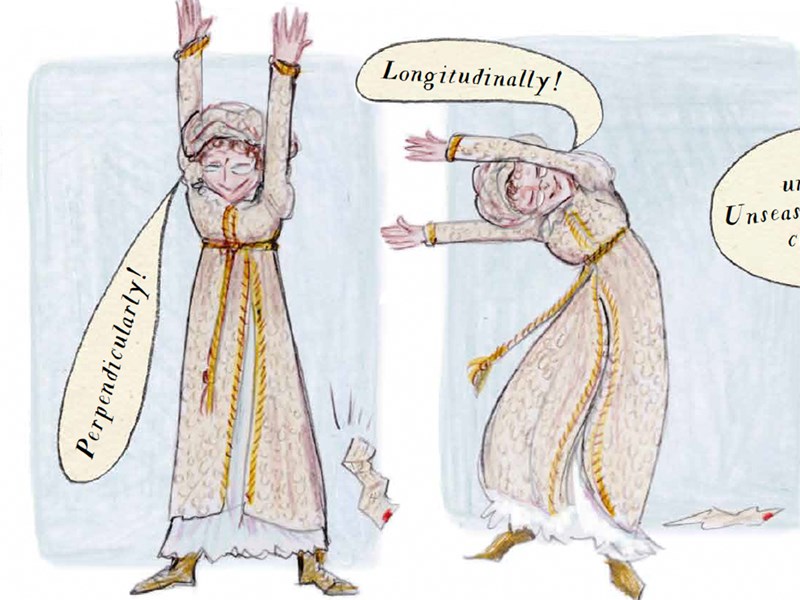 Four-panel illustration of a person in a long patterned robe joyfully stretching in different directions. Speech bubbles read: “This exquisite weather is too good! I enjoy it all over me, from top to toe, from right to left,” then “Perpendicularly!,” “Longitudinally!,” and “Diagonally! Nice, unwholesome, unseasonable, relaxing, close, muggy weather!” Papers lie scattered on the floor.