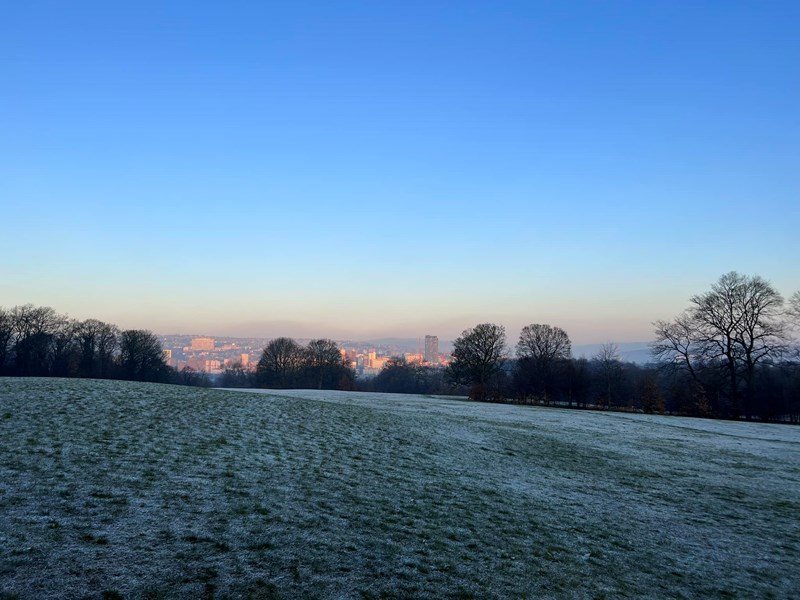 A frosty view of the Sheffield skyline taken from the outdoor seating area of Dukes in the Park
