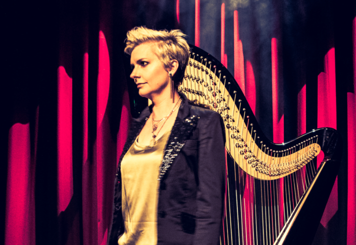 A person stands in front of a large harp on a stage with dramatic red curtains in the background. The harp has a curved black frame with golden strings, and the lighting creates a warm, theatrical atmosphere. The individual is wearing a light top with a dark jacket featuring sequinned details, adding to the performance setting.