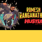 Promo poster for the Romesh Ranganathan - Hustle show, with a cartoon of Romesh bursting through a wall, microphone in hand.