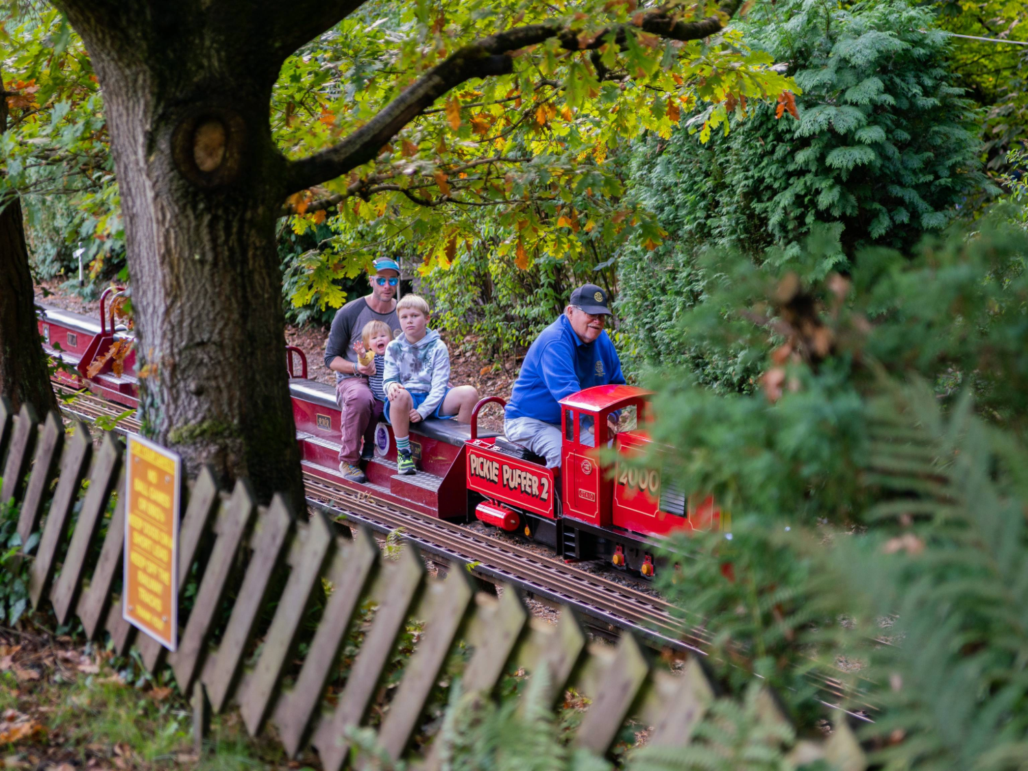 A family rides on a miniature steam train through a wooded area at the Abbeydale Miniature Railway in Sheffield.
