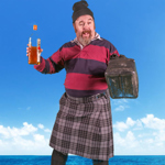 A person in a kilt holding a fuel can and a bottle of whiskey.