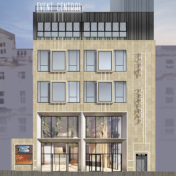 Architectural rendering of a modern building labeled ‘Event Central.’ The facade features large rectangular windows arranged in a grid pattern, beige stone cladding, and a black upper section with additional windows. The ground floor has glass doors and windows revealing an interior with greenery and seating. A sign for a café is visible on the left side.