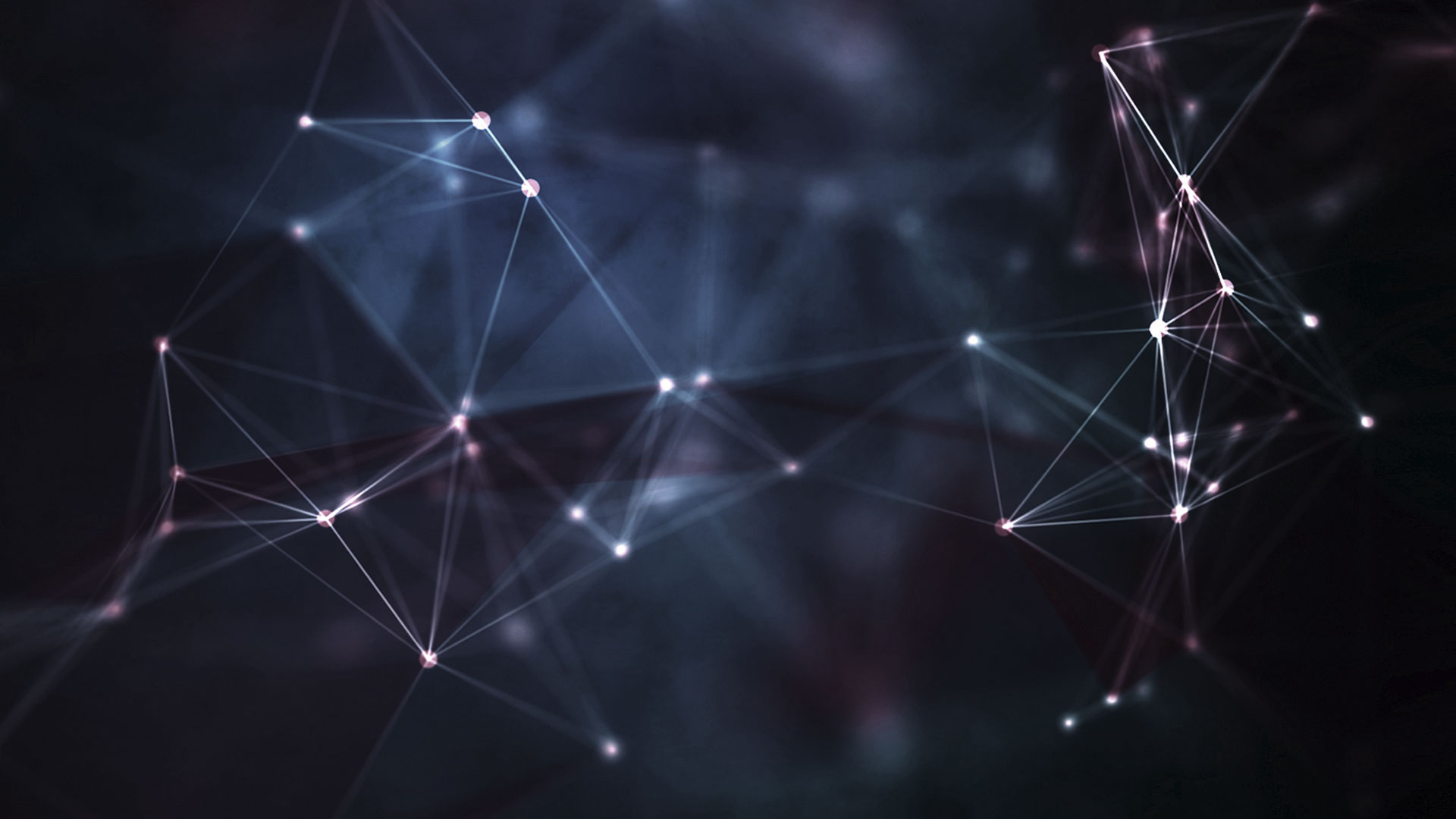 A dark abstract background featuring interconnected glowing lines and nodes forming a geometric network pattern. The design has a futuristic, digital aesthetic with shades of blue, purple, and black, creating a sense of depth and complexity.