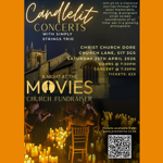 Poster for the event listing all the details alongside an image of a string trio playing, surrounded by lots of candles.