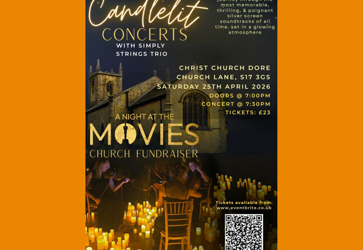Poster for the event listing all the details alongside an image of a string trio playing, surrounded by lots of candles.