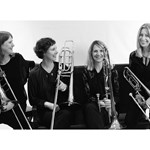 A black and white picture of the Bones Apart Trombone Quartet.