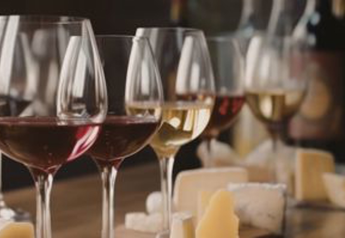 A row of wine glasses filled with different types of wine- ranging from deep red to pale white -stands on a wooden surface in soft, warm lighting. In front of and beside the glasses are assorted pieces of cheese in various shapes and textures, arranged casually as part of a tasting setup.